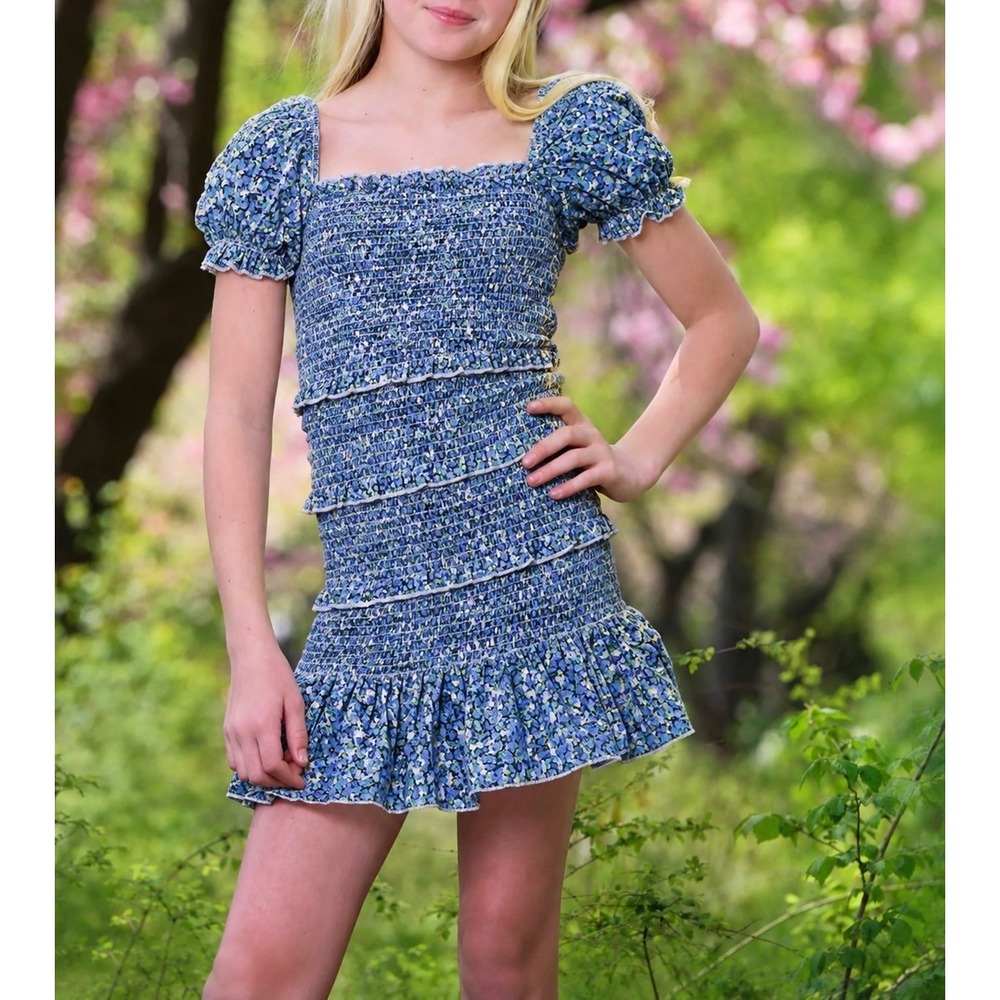 KATIE J NYC Tween Laila Floral Printed Smocked Puff Sleeve Dress